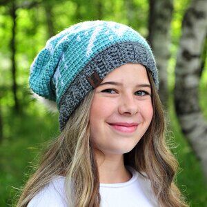 Handmade Aqua and White Slouch Hat, Crochet Toque Made in Canada